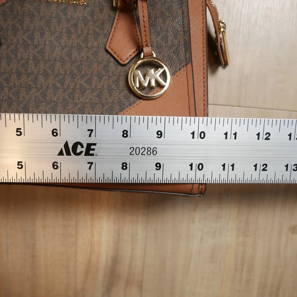 Michael Kors Hope Satchel Brown Monogram Logo Crossbody Handbag Gold Tone HW